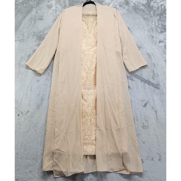 Formal Dress Jacket Set Size 8 Champagne Gold Beaded Lace Chiffon Sheath Party - Picture 1 of 14